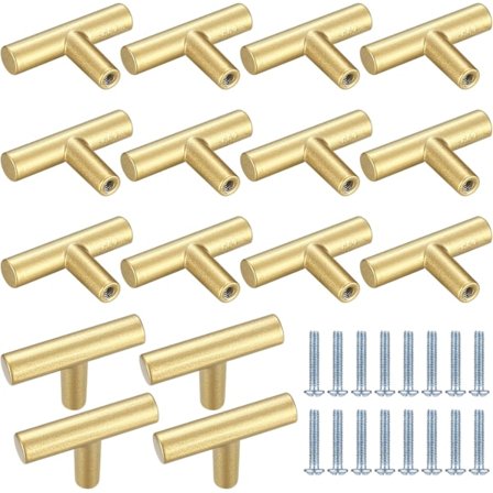 16 stk skap T-håndtak gull skuffehåndtak skap knotter, rustfritt stål kjøkken knotter metall skuffetrekk (skruer inkludert)