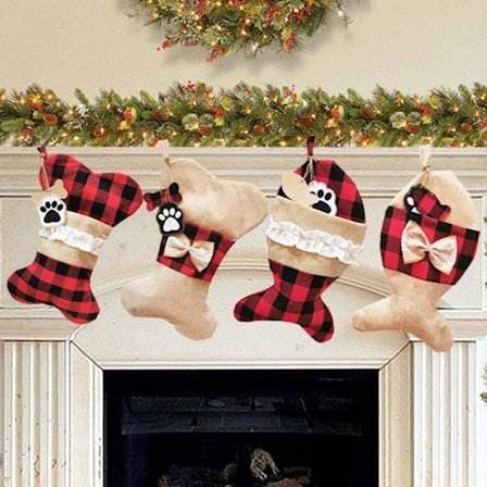 Kjæledyr Julestrømper Sett med 4 Jute Rutete Strømper for Katt Hunder Julehengende Sokker for Peis Tre Juledekorasjon