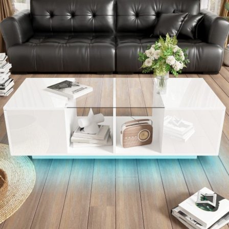 Modernt vitt soffbord med LED-belysning, blank bordsskiva, 120 x 50 x 38,5 cm