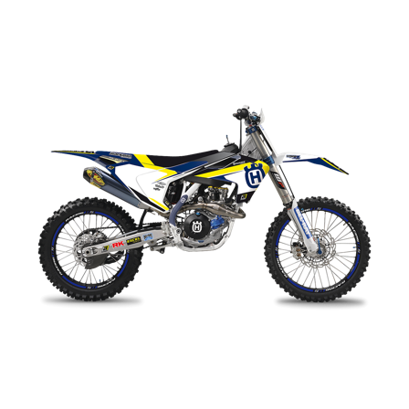 Kit Completo de Adhesivos + Funda de Asiento Blackbird Dream 4 Blanco-Amarillo-Azul - Husqvarna FC 350 2016-2018