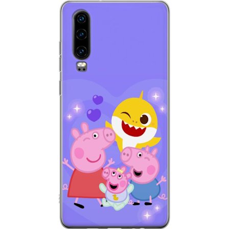 Kompatibelt Mobildeksel til Huawei P30 Peppa Gris mønster med hjerter, sommerfugler og venner, lys rosa bakgrunn i myke barneillustrasjoner