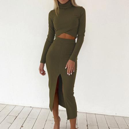 Vinter Ribb Slim Tvådelad Set Casual Hög Krage Pullover Top