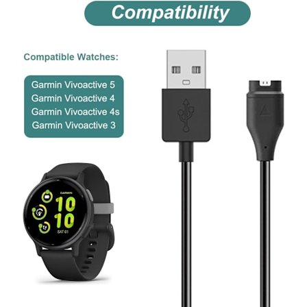 Laddare för Garmin Vivoactive 5 / Vivoactive 4, Ersättningsladdningskabel Plus en Gul Silikonladdningsportsskydd Dammskydd