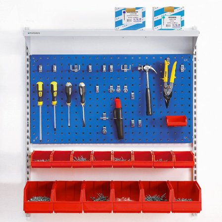 Väggställ med 2 backskenor, inkl, backar, kroksats, verktygspanel, hylla