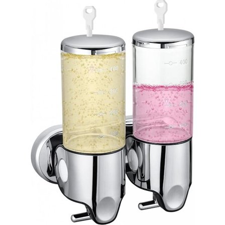 Silvrig Tvåldispenser med 2x500ml Behållare - Väggmonterad Hängande Hållare för Badrum u0026 Diskbänk - Kompatibel med Schampo
