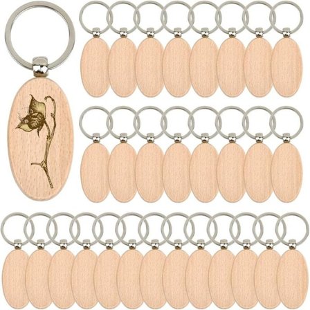30 stykker ovale nøkkelringer i tre, ubehandlede nøkkelringer i tre, nøkkelringer i tre for gravering, for gjør-det-selv-prosjekter