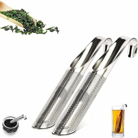 2 stk. rustfrit te-diffuser i rustfrit stål, krogformet håndtag, fine diffuser-slangehuller, te-si i rustfrit stål, te-diffuser-sier