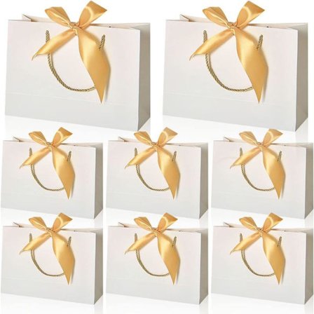 Gaveposer i papir, papirposer med håndtak, gaveposer med sløyfe, stor gavepose 32x25x11 cm, 8 stk gaveposer i hvitt