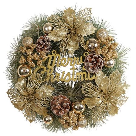 Julkrans med bokstavsskylt, blomsterboll, tallkottar, juldekoration för fönster, vägg, dörr, krans (Guld)