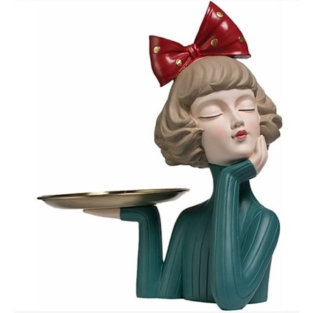 Staty Inredningsdekoration, 33cm Nordisk Hartsskulptur Bricka Flicka Rosett Figurdekorationer för Vardagsrum Heminredningstillbehör Kontor Bord