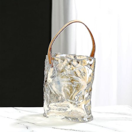 Glass Bag Vase, veskevase med boble for fiskekar, håndveskeformet blomster vase (grå, gull) - yuhao