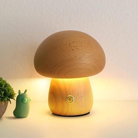 Mushroom Lamp, 3 Colors USB Dimmable Bedside Lamp with Touch Control, Vintage Wooden Table Lamp for Bedroom Decoration