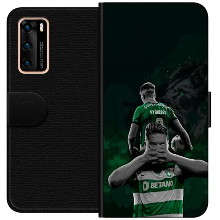 Yhteensopiva Lompakkokotelo Huawei P40 Neonmotiivi, jossa teksti "Gaming is in my DNA" sinisenä ja punaisena tiiliseinällä, jossa loistava DNA-spiraal