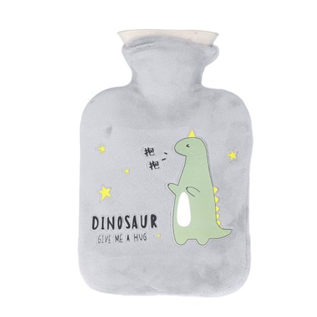 500 ml Dinosaur Tegneserie Varmtvannsflaske Lekkasjesikker Fortykket Varmepose for Muskelverk Lindring Grå