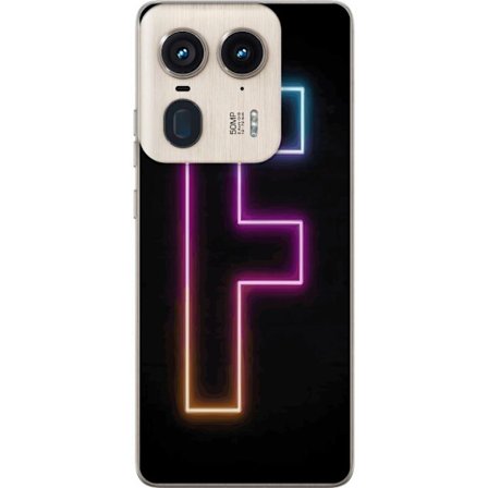 Yhteensopiva Puhelinkuori Motorola Motorola Edge 50 Ultra Neonkirjain F vaaleanpunaisella, sinisellä ja keltaisella valokehyksillä tummaa taustaa va