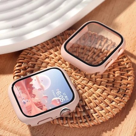 Karkaistu lasi + suojakuori yhteensopiva Apple Watch Kotelon 45mm 41mm 44mm 40mm 42mm Näytönsuoja Apple Watch 9 4 5 6 SE 7 8 Pinkki hiekka 15 Sarja 