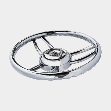 Timón lancha a motor Savoretti Armando T26S, acero inoxidable, Ø350 mm, con cubo, compatible con eje de timón de 3/4′′ (19 mm), cromo