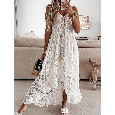Sommer Boho Lange Kjoler Kvinner Blonde V-hals Spaghettistropp Kjole Dame Off Shoulder Strandkjole Hvit Kjole Vestidos De Mujer LXDS18 Hvit