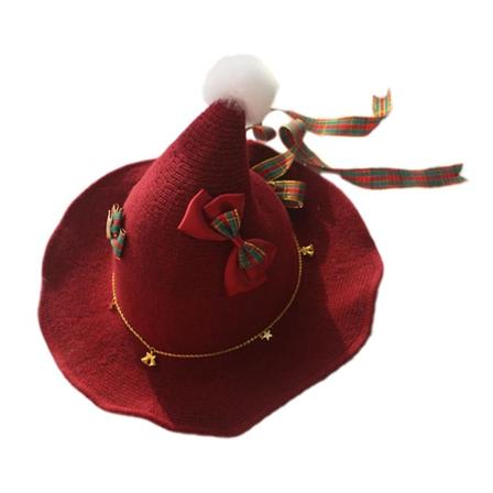 Kvindes Pige Strikket Lolita Hat Faux Pom Pom Blonder Bue Bånd Varmt Strikket Hat Bred Brim Julefest Dekoration