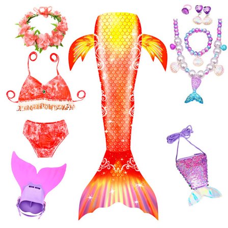 (AZC) 9-delt havfrue-badedragt til piger, prinsesse bikini badedragt sæt inklusive monofinne MY11 MY11 MY11