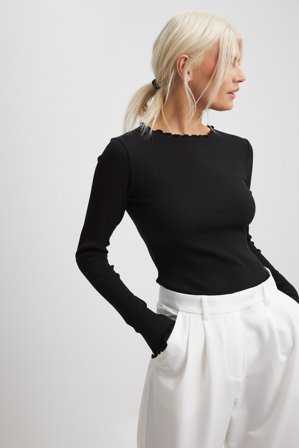 NA-KD - Ribbetopp med lange ermer og babylock - Langermede T-skjorter - Svart - XXS