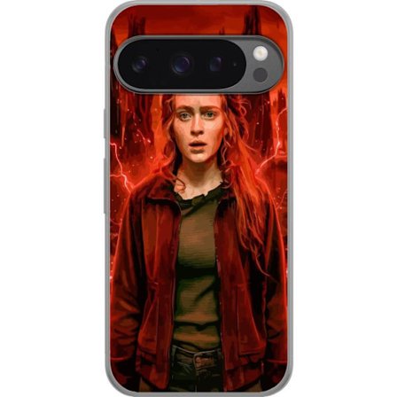 Kompatibelt Mobilskal till Google Pixel 9 Pro XL Porträtt av en ung kvinna med rött hår i en apokalyptisk landskap, röda blixtar och mörka klippf