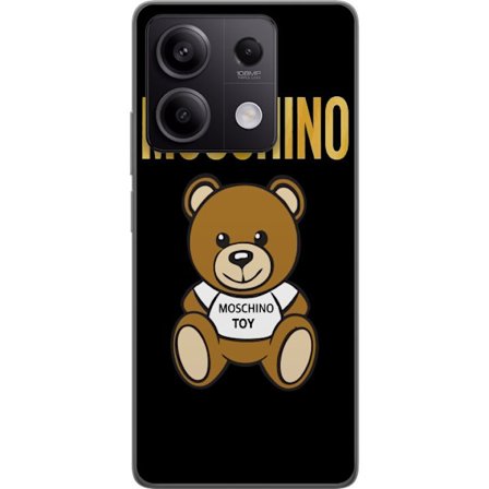 Kompatibelt Mobilskal till Xiaomi Xiaomi Redmi Note 13 Pro Moschino-inspirerad nallebjörn med text på tröjan, centrerad mot svart bakgrund med tydl