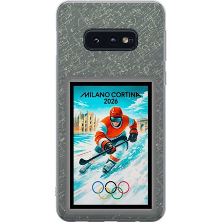 Yhteensopiva Puhelinkuori Samsung Galaxy S10e Curlingkuvitus pelaajilla ja kivillä jäällä, Milano Cortina 2026, lumisia roiskeita ja olympiasormukset