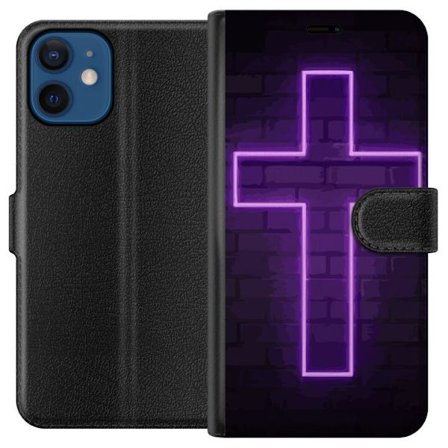 Yhteensopiva Lompakkokotelo Apple Apple iPhone 12 Neonristi purppuranvalossa tummaa tiiliseinää vasten, symbolinen motiivi vahvalla hohto moderni e