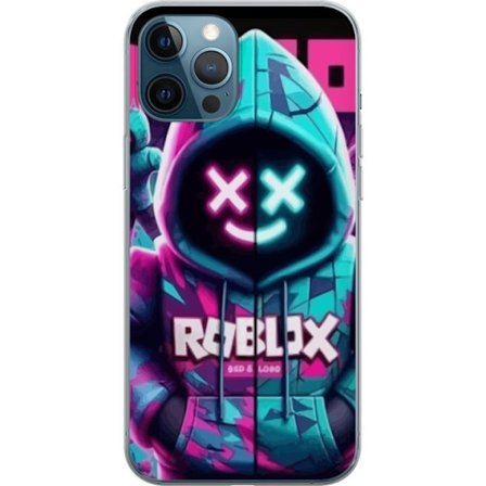 Kompatibelt Mobildeksel til Apple iPhone 12 Pro Roblox neon hettegenserfigur med en maskert karakter i blå og rosa neonfarger, og gir en tydelig cyber