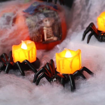 12 stk. Halloween Edderkop Fyrfadslys, Nye LED Flammeløse Edderkop Lysestager Batteridrevne Orange Fyrfadslys til Halloween Dekoration