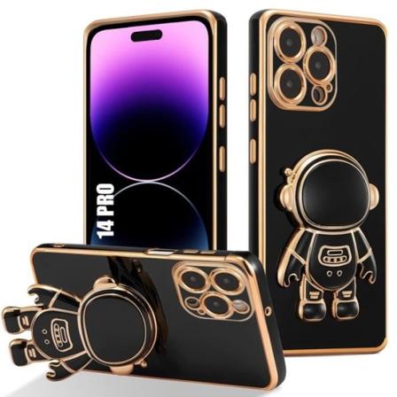 Cover til iPhone 14 Pro, anti-ridse sort silikonebeskyttelse med stativ 3D Space Man-mønster