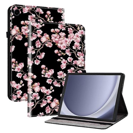 Etui til Samsung Galaxy Tab A9 med stativ, lædermønster, trykt tabletcover, blommeblomst