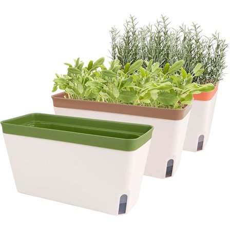 Selvvannende plantepotter, sett med 3 10,5" rektangulære vinduskarm urtepotteboks, moderne blomsterpotter i plast for utendørs hage