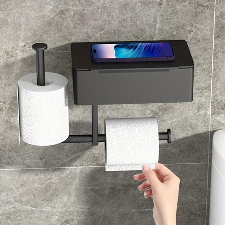 Moderne Vægmonteret Toiletpapirholder med Integreret Kleenexdispenser - Sort Jerndesign, Pladsbesparende Badeværelsesorganisering_TF_TF