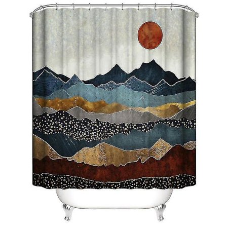 Berg duschdraperi solnedgång soluppgång naturligt landskap badrumsgardin färgglad abstrakt konst målning badrum dekoration med krok vattentät tvättbar