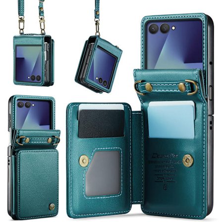 Etui til Samsung Galaxy Z Flip 7, med RFID-blokerende kortholder og rem-støtteben (Turkis)