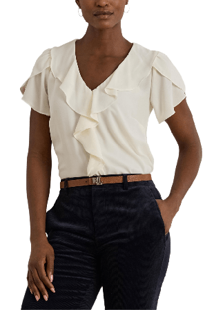 Lauren Ralph Ruffle-Trim Georgette Blouse Blusar Dam Vit M