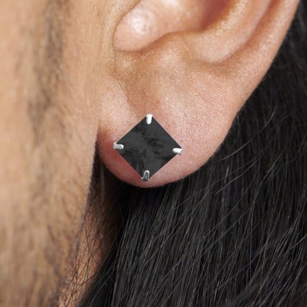 Boucle d'oreille carrée - pierre de zircone noire de 8mm pour hommes - Clous d'oreille