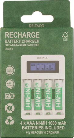 Deltaco batterilader - med batteri - 4 x AAA