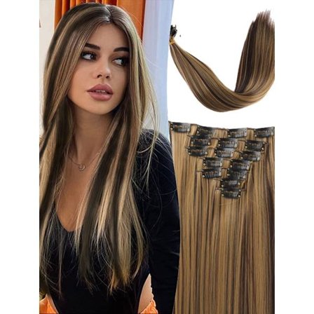 24 tum 16 klipp i hårförlängningar Lång rak frisyr Syntetiskt blond svart hårstrån Värmebeständigt löshår