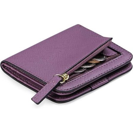 RFID-beskyttet kompakt todelt lommebok i skinn for damer med myntlomme med glidelås og ID-vindu, dyp lilla