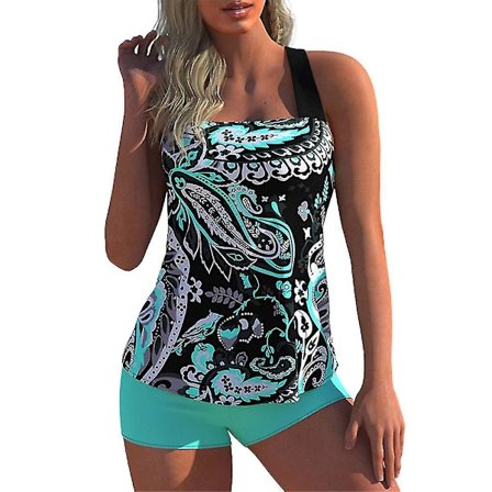 Damblommig baddräkt Bikini Tankini Halterneck Toppar Boyshorts Set Baddräkt Plus Size Grön