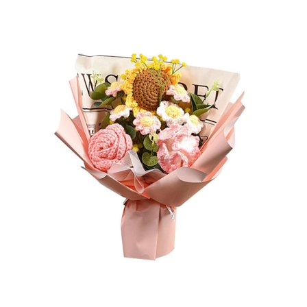 Håndlaget strikket bukett heklebukett kunstige blomster strikket solsikke rose tusenfryd ferdig produkt evig velsignelse, rosa