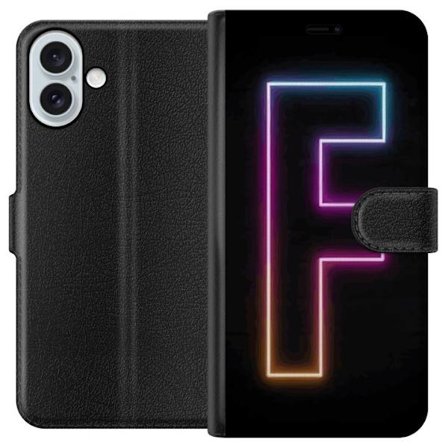 Yhteensopiva Lompakkokotelo Apple Apple iPhone 16 Plus Neonkirjain F vaaleanpunaisella, sinisellä ja keltaisella valokehyksillä tummaa taustaa vaste