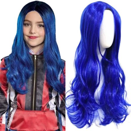 Descendants 3 Evie Cosplay Paryk Halloween Karneval Fest Blå Krøllet Lang Paryk Outfit