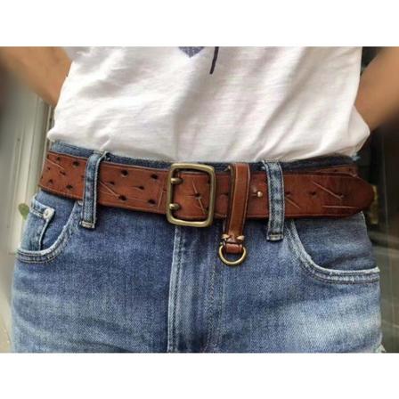 Dubbelstift kopparspänne Lyxigt modebälte för män Retro första lager jeans i ren kohud med äkta läder Snygga bälten för män Yellow brown M