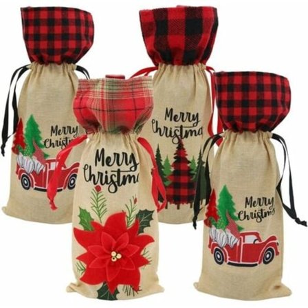 Paket med Julvinflaskskydd, Dragkedja Vinflasksäckar, Jutesäck för Vinflaska Presentpåse till Jul, Nyår, Bröllop