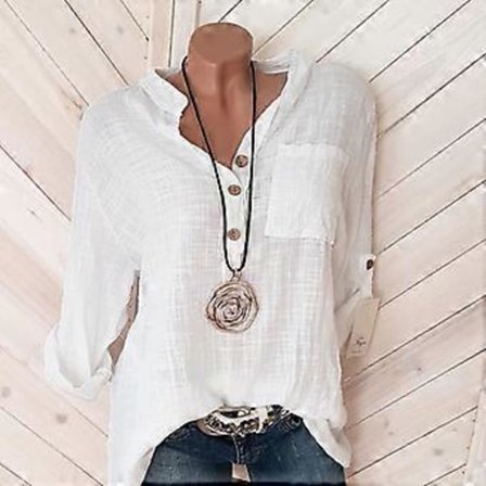 Dame Ensfarget V-hals Bluse med Lommer (L hvit)