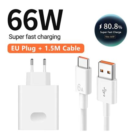 6A 66W Super Hurtig Oplader Til Huawei Mate 40 50 60 P50 P60 Nova 9 10 Honor 90 100 Magic 5 Lite 6 Pro Type C Ladekabel EU Plug - 1.5m Cable